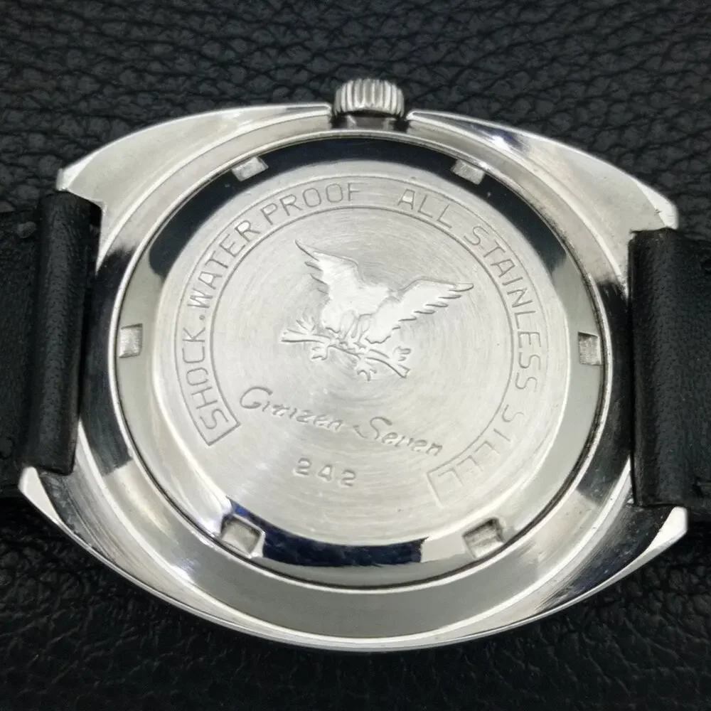 Vintage 1981 Citizen Manual Wound Mens Silver Watch W/Date & Red accents
